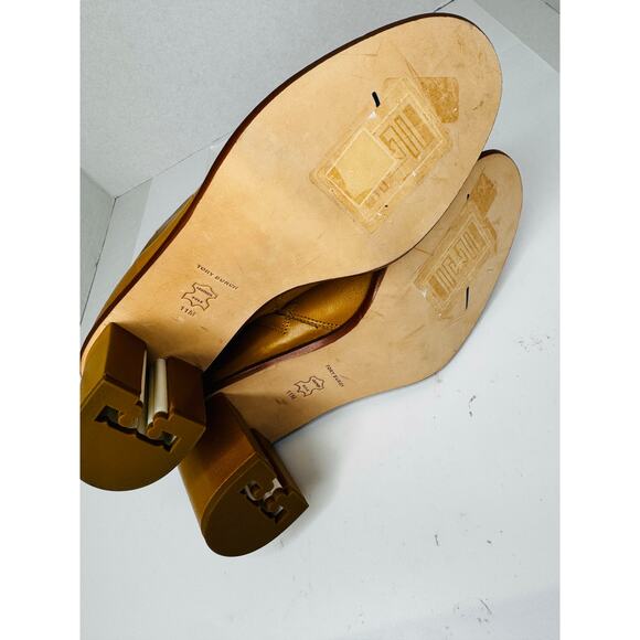 Tory Burch Brown Leather Brooke Booties Stamped Block Heel Ankle Boots Size 11 - Picture 7 of 8